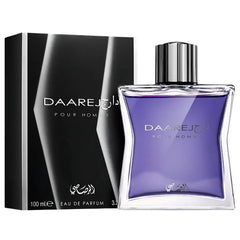 Rasasi Daarej Pour Homme EDP 3.4oz perfume bottle with black and silver packaging