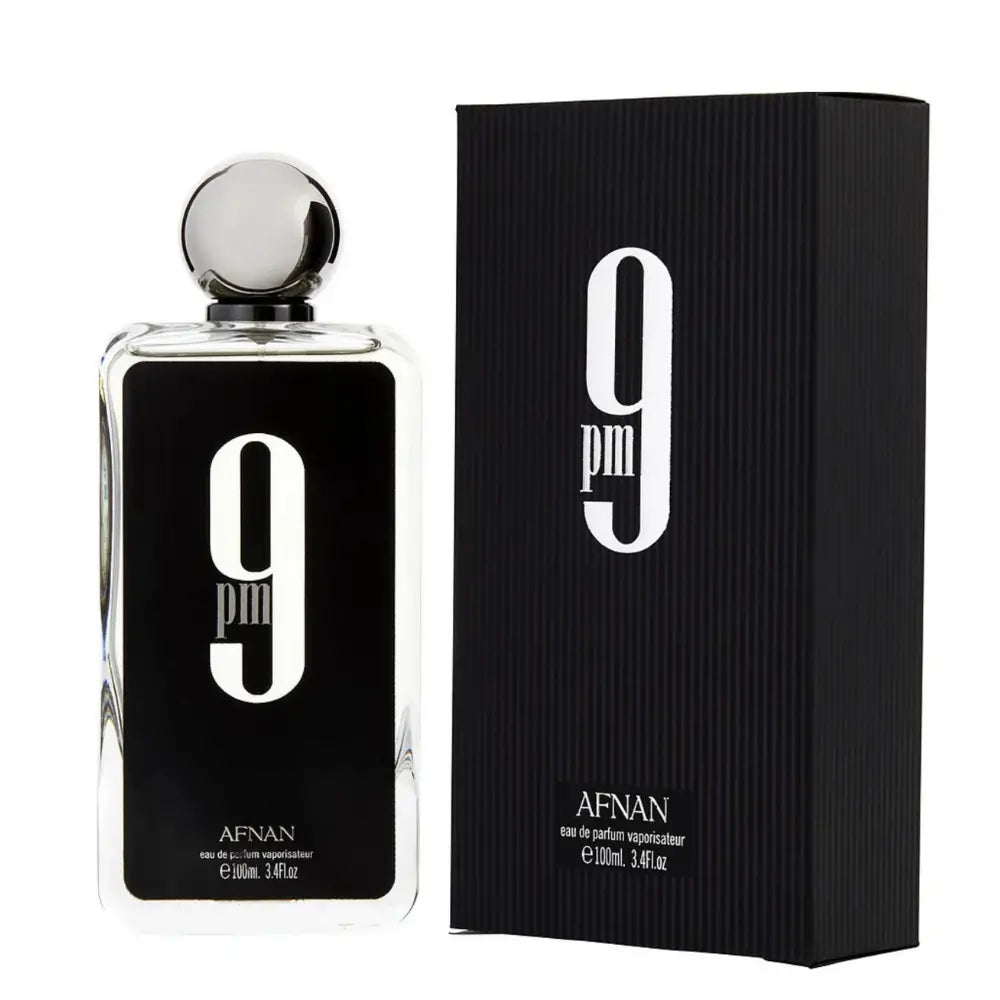 Afnan 9 PM Eau de Parfum bottle and box with black design and silver cap, 100ml fragrance