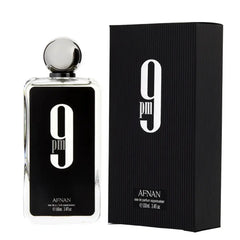 Afnan 9 PM Eau de Parfum bottle and box with black design and silver cap, 100ml fragrance