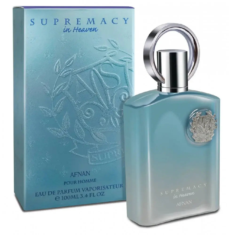 Afnan Supremacy In Heaven EDP 3.4 oz perfume bottle and blue packaging box