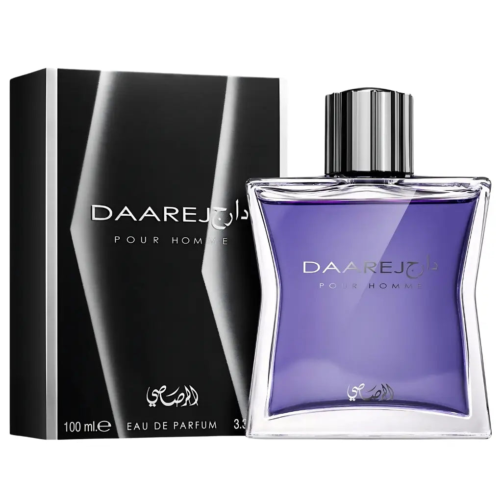 Rasasi Daarej Pour Homme EDP 3.4oz perfume bottle with black and silver packaging