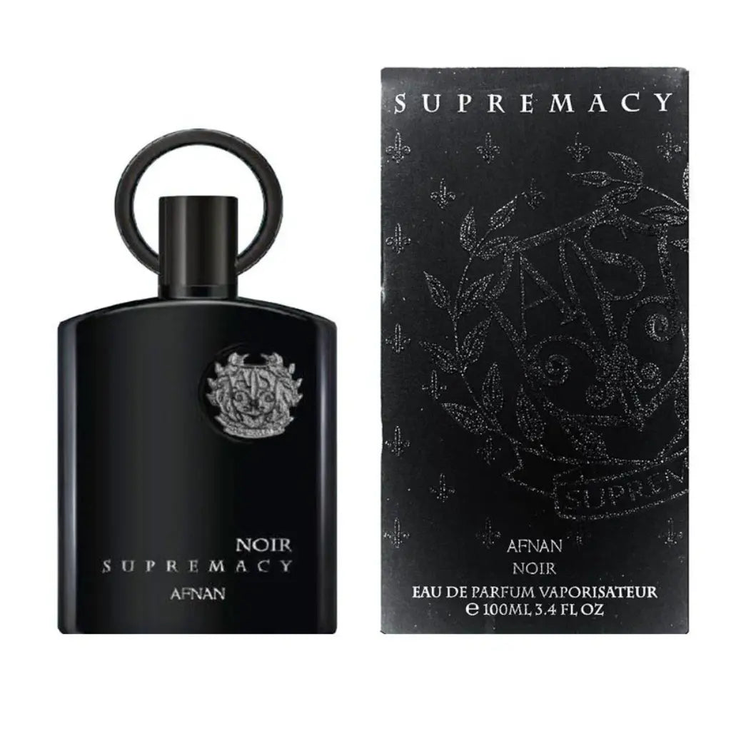 Afnan Supremacy Noir 3.4 oz Eau de Parfum black bottle with matching black box packaging
