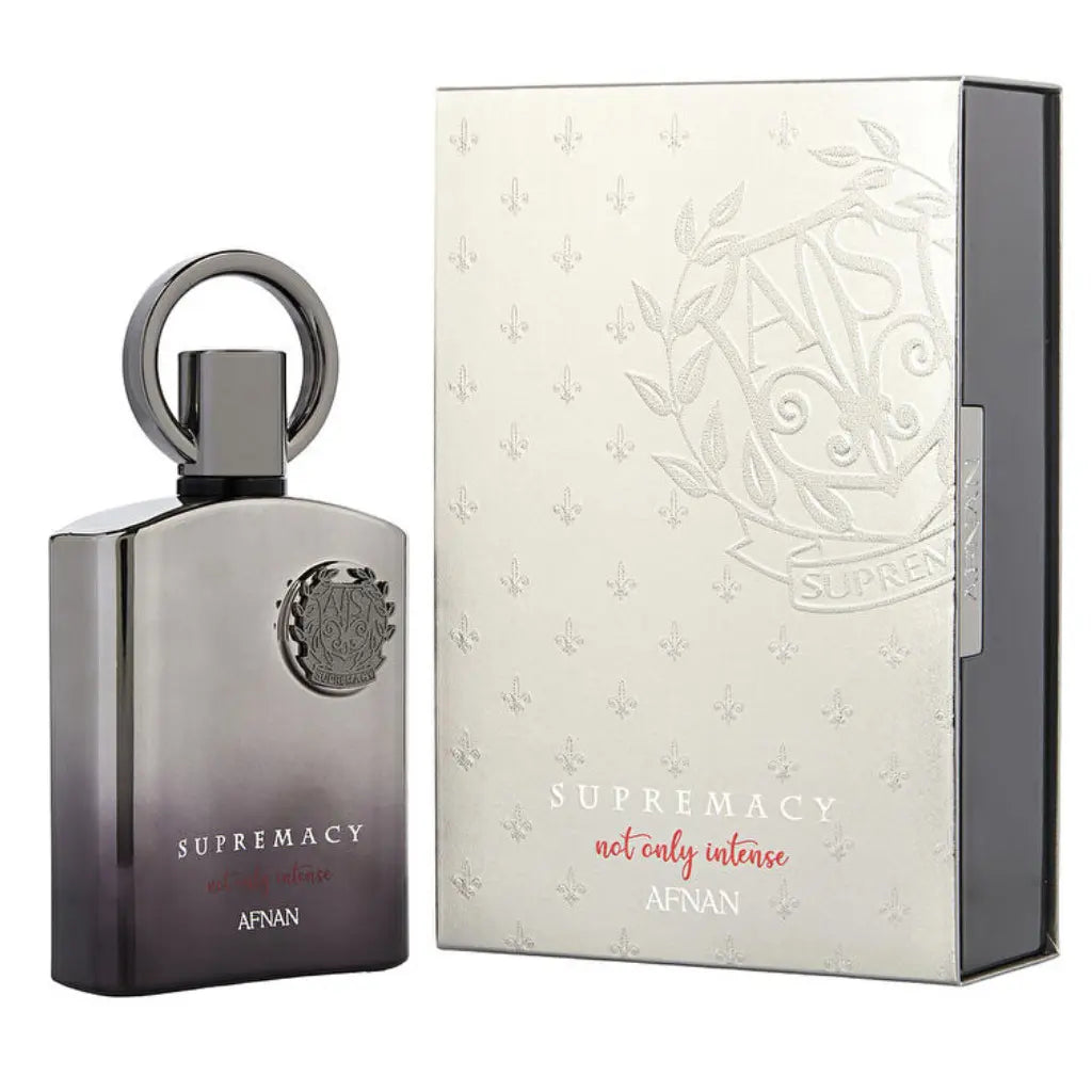 Afnan Supremacy Not Only Intense EDP 3.4 oz perfume bottle and packaging with metallic finish