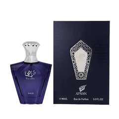 Afnan Turathi Blue EDP 3.0 oz fragrance bottle and matching navy blue box packaging