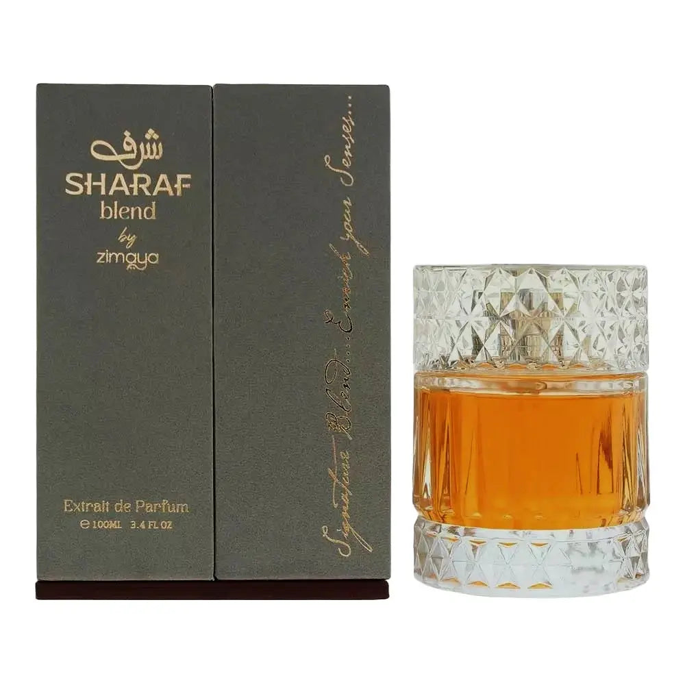 Afnan Zimaya Sharaf Blend Extrait De Parfum 3.4 oz bottle with elegant black and gold packaging